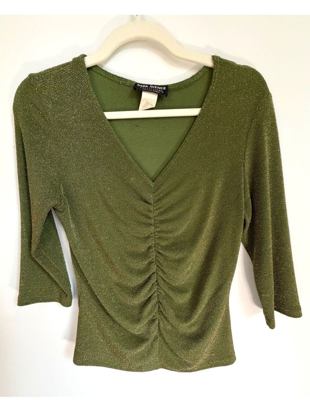 Vintage Park Avenue Collections Metallic Green Ruched Top V-Neck 3/4 Sleeve Y2K